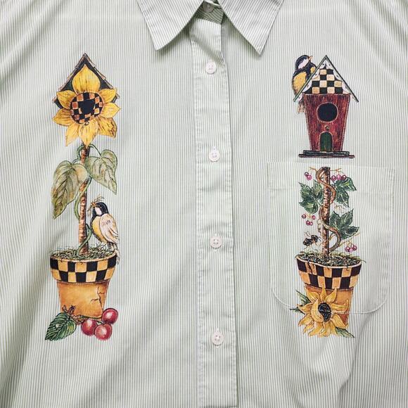 Vintage Get Lucky USA Top Womens 1X Green Striped Long Sleeve Bird House Flowers - Picture 3 of 14